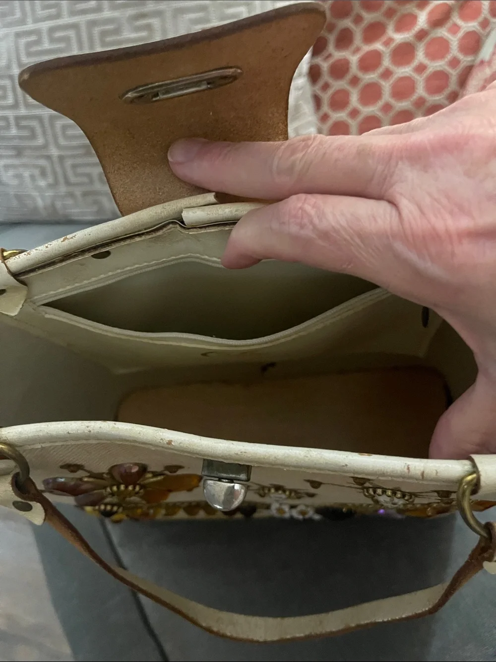 Vintage Embellished Cream Tote with Amber Jewel Bird Design